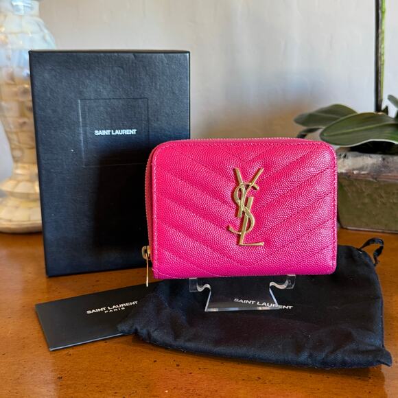 Saint Laurent Handbags - Saint Laurent YSL Quilted Compact Wallet Pink Leather